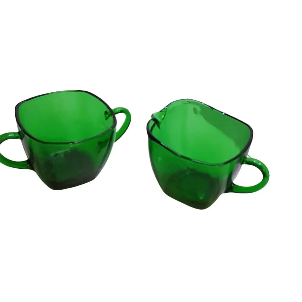 Vintage Anchor Hocking Forest Green Charm Square Creamer & Sugar‎ Bowl